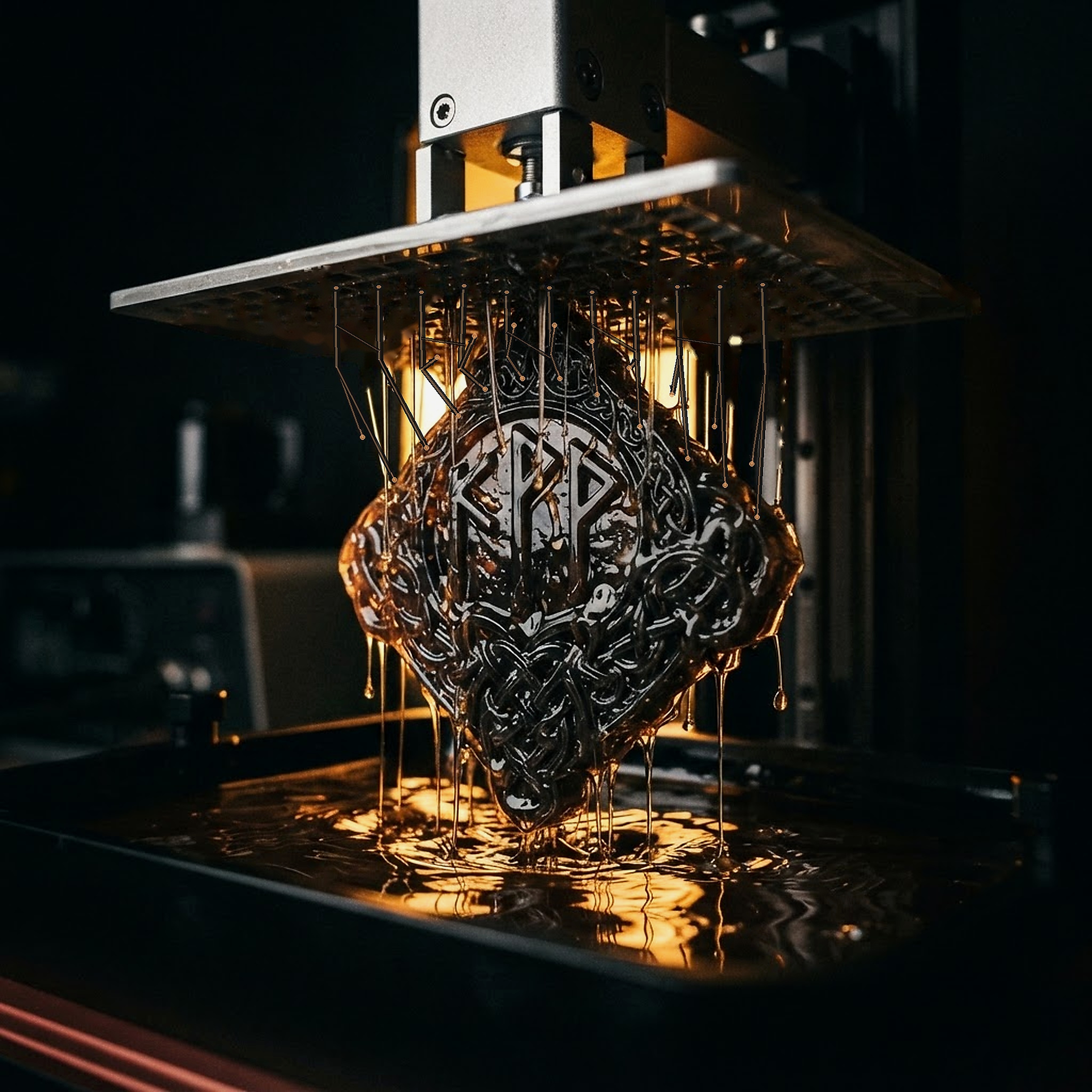 A clean translucent resin Norse rune suspended beneath a resin printer build plate